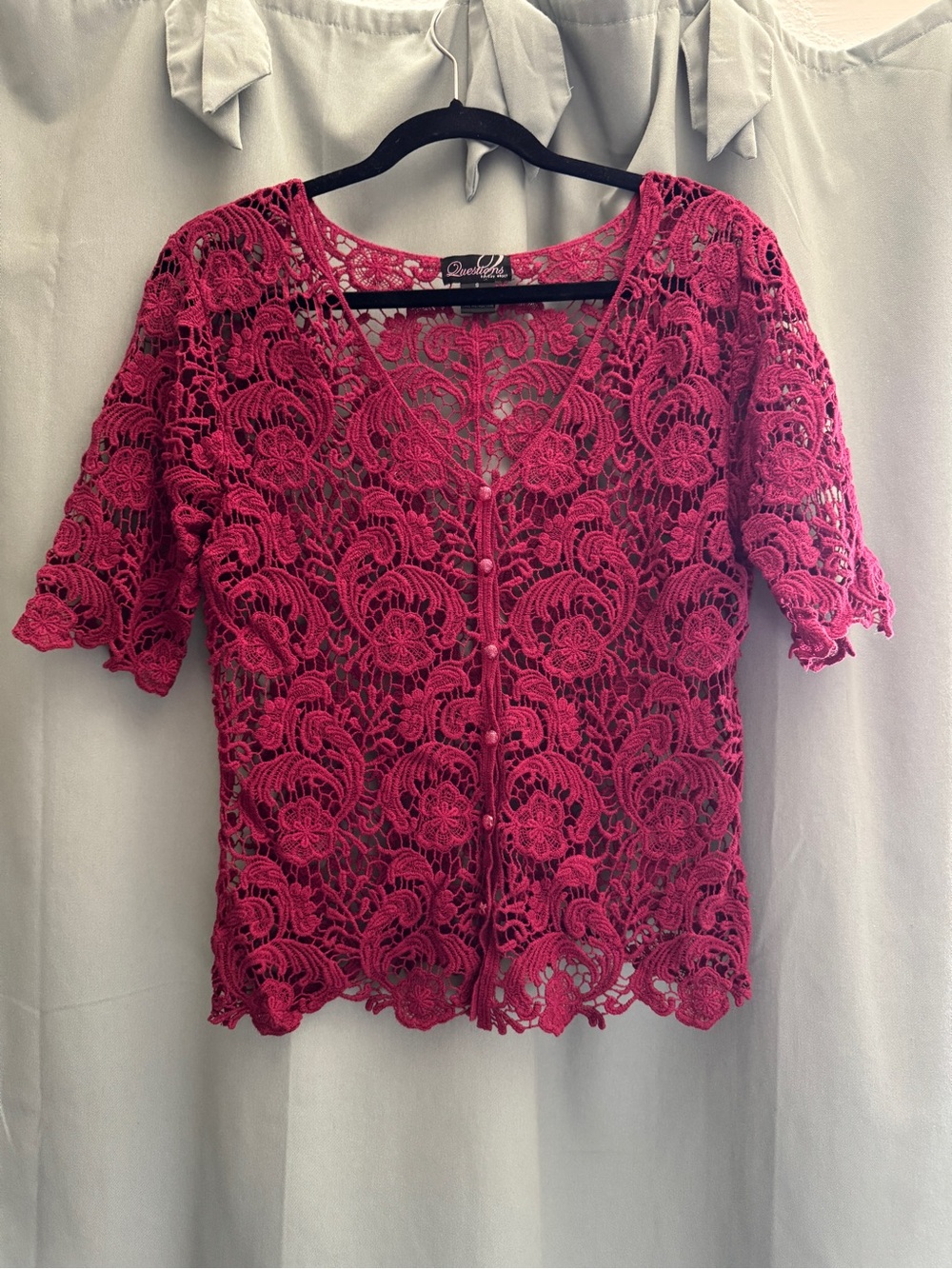 Burgundy Crochet Lace V-Neck Short Sleeve Cardigan